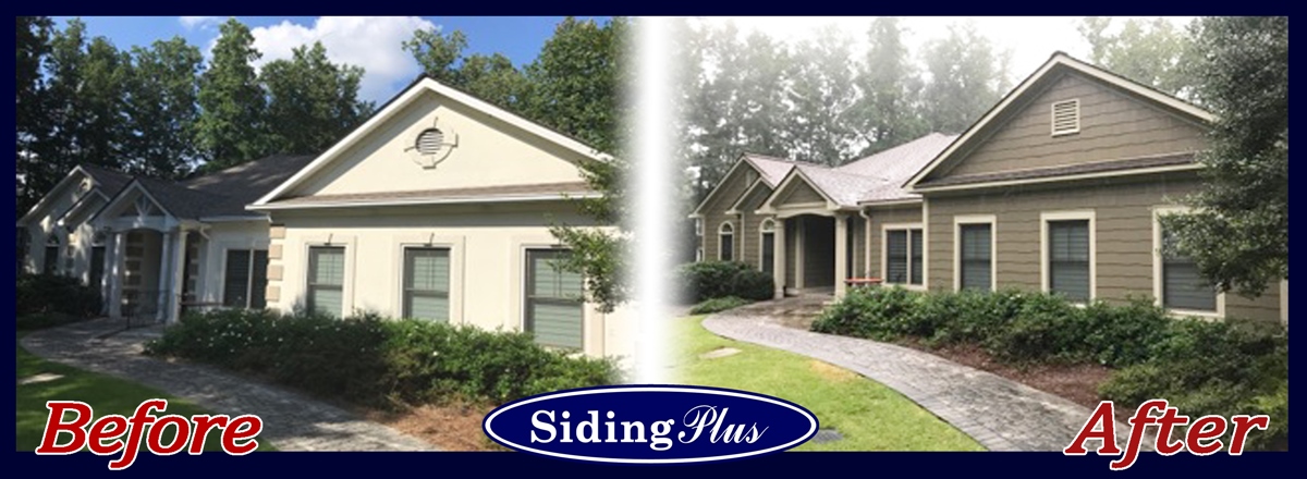 House renovation comparison: before and after new siding installations and repairs.