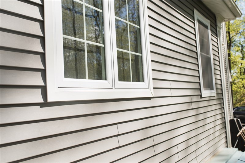 Exterior wall of a house with vinyl siding installations & repairs and two white-framed windows.